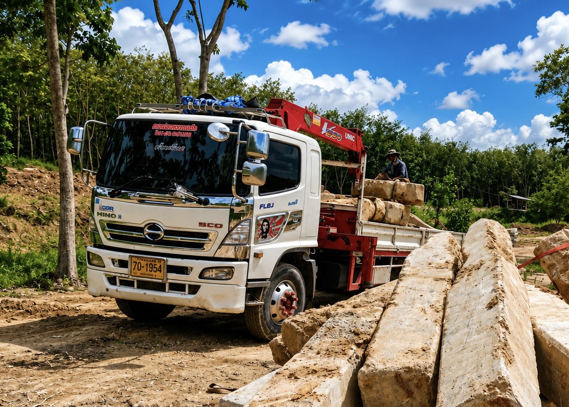 รถเฮี๊ยบบ้านบึง กรกมล เครนขนส่ง กำลังยกเครื่องจักรและตู้คอนเทนเนอร์ในพื้นที่บ้านบึง ชลบุรี